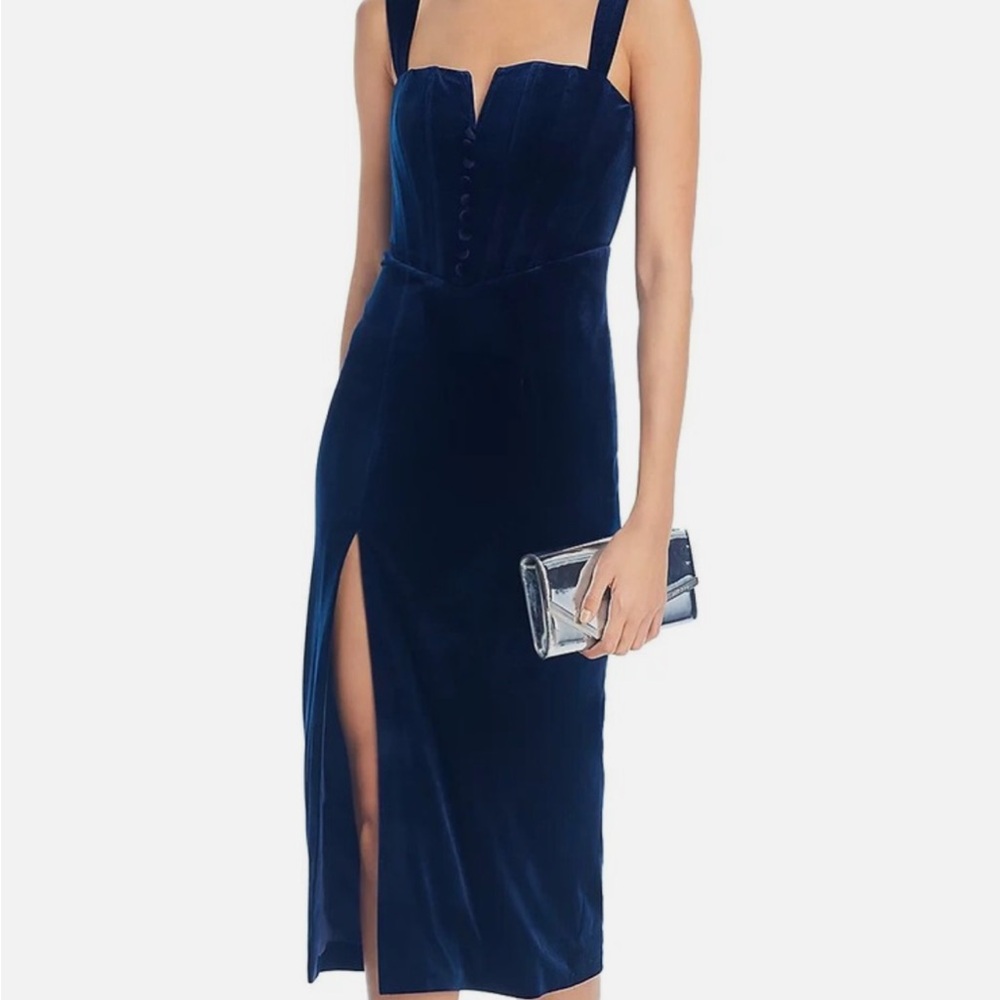 AQUA Navy Blue Velvet Corset Midi Dress XS NWT